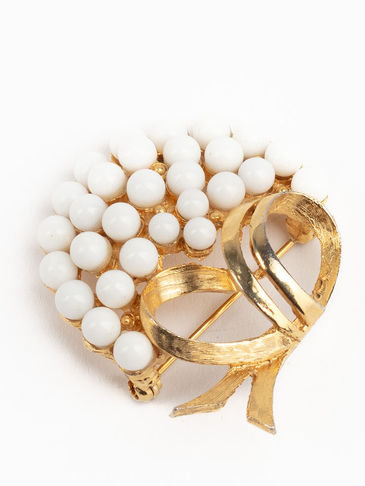 Vintage 50s REJA White Bead Bow Brooch – Gold-Tone Midcentury Cluster Pin