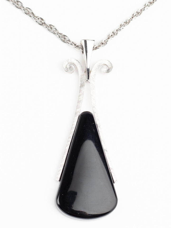 Vintage 70s AVON Silver-Tone Pendant Necklace with Black Teardrop Drop