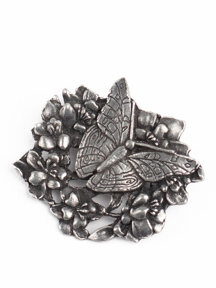 1998 Limited Edition Butterfly & Flowers Brooch by Burns & Brooks in Silver-Tone