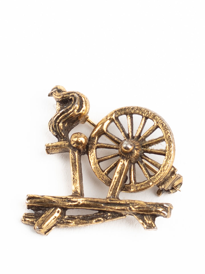 Vintage 70s Bronze-Tone Spinning Wheel Brooch – Folk Art Textile-Inspired Pin