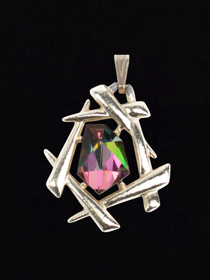 Vintage 80s Abstract Pendant with Rainbow Crystal – Silver-Tone Brutalist Design