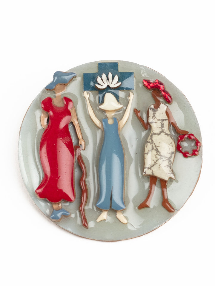 Vintage 90s Lucinda Brooch with Women and Cross – Handcrafted Folk Art Pin