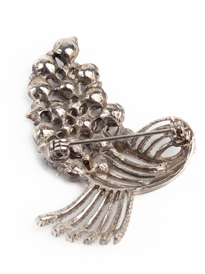 Vintage 50s Silver-Tone Bow Brooch with Faux Pearls and Black Rhinestones