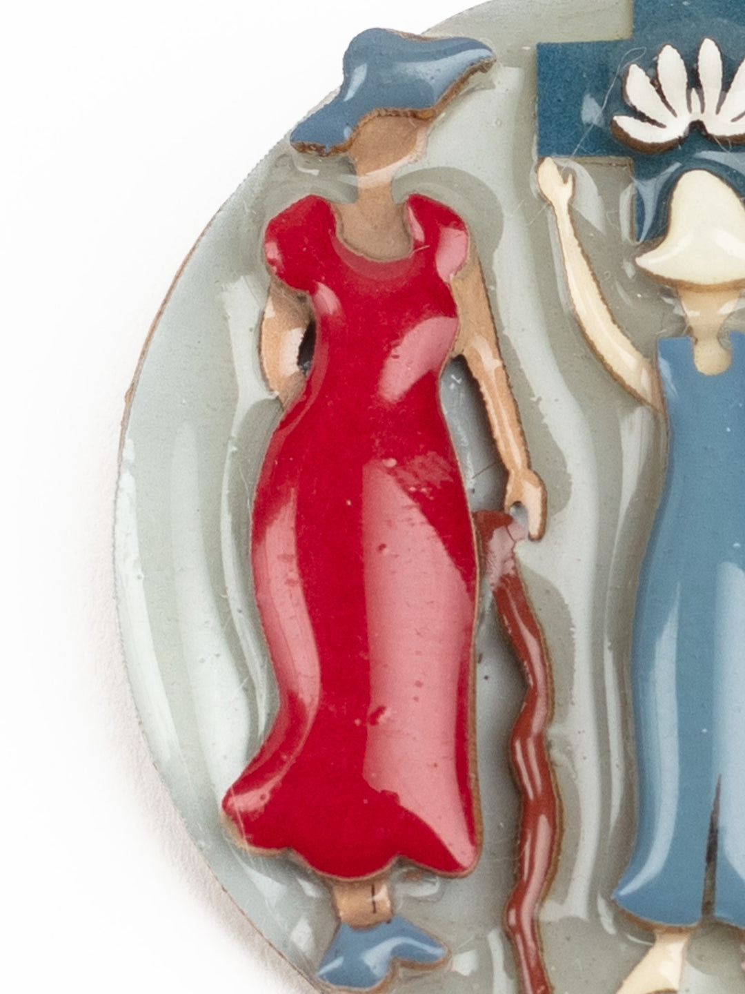Vintage 90s Lucinda Brooch with Women and Cross – Handcrafted Folk Art Pin