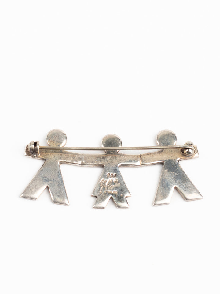 Vintage 90s Sterling Silver Family Brooch with Brass Accents – Mexico 925 Signed
