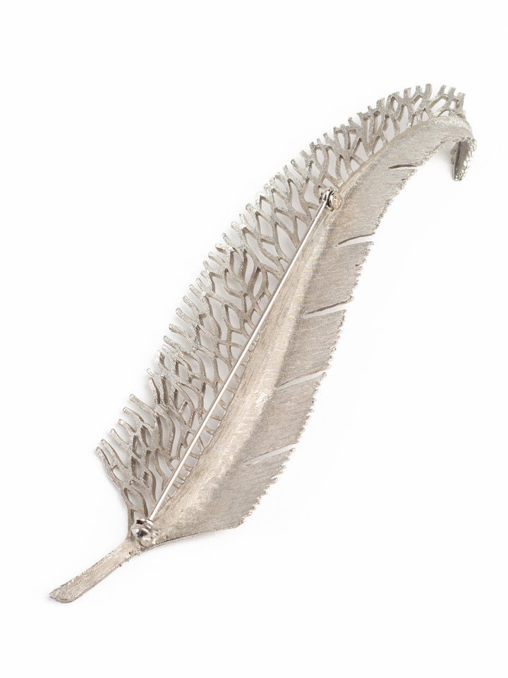 Vintage 80s Silver-Tone Feather Brooch with Nature-Inspired Leaf Design