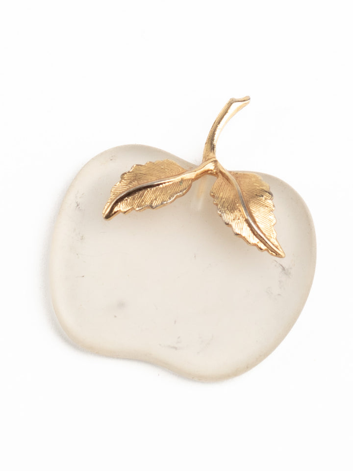 Vintage 60s Frosted Glass Apple Pendant with Gold-Tone Leaf Detail