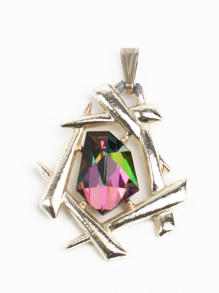 Vintage 80s Abstract Pendant with Rainbow Crystal – Silver-Tone Brutalist Design