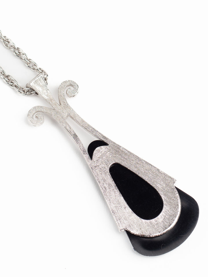 Vintage 70s AVON Silver-Tone Pendant Necklace with Black Teardrop Drop