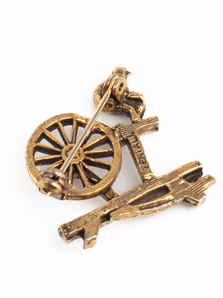 Vintage 70s Bronze-Tone Spinning Wheel Brooch – Folk Art Textile-Inspired Pin