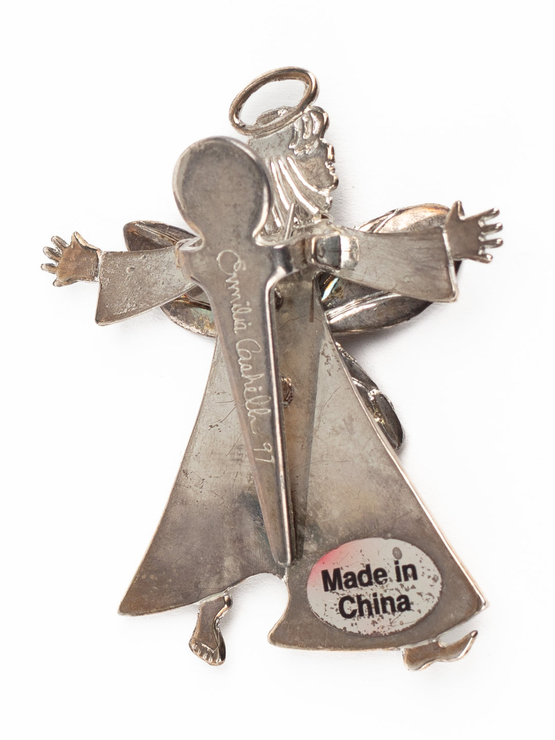 Vintage 1997 Angel Butterfly Brooch by Emilia Castillo, Silver Tone Whimsical Figural Pin, Made in China, Signed Artist Jewelry
