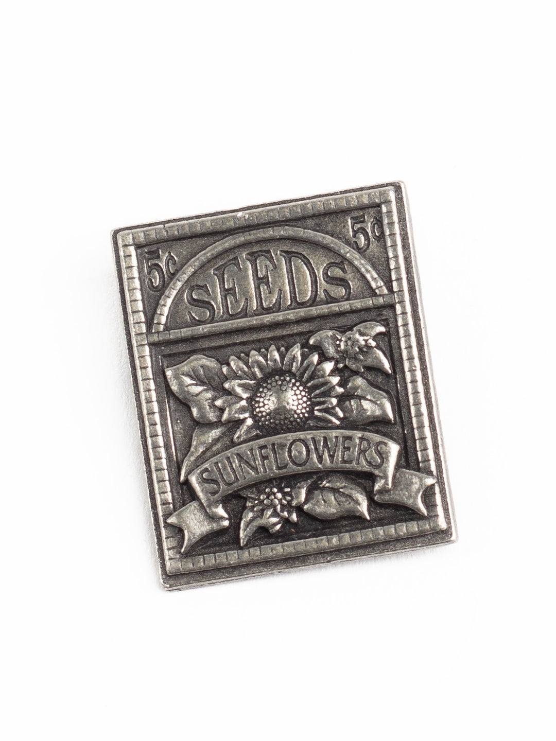 2003 Birds & Blooms Sunflower Seed Packet Brooch – Vintage Pewter Garden Pin