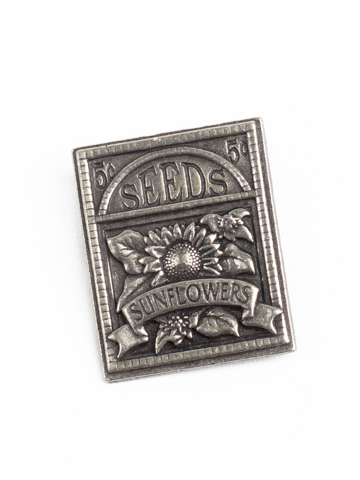 2003 Birds & Blooms Sunflower Seed Packet Brooch – Vintage Pewter Garden Pin