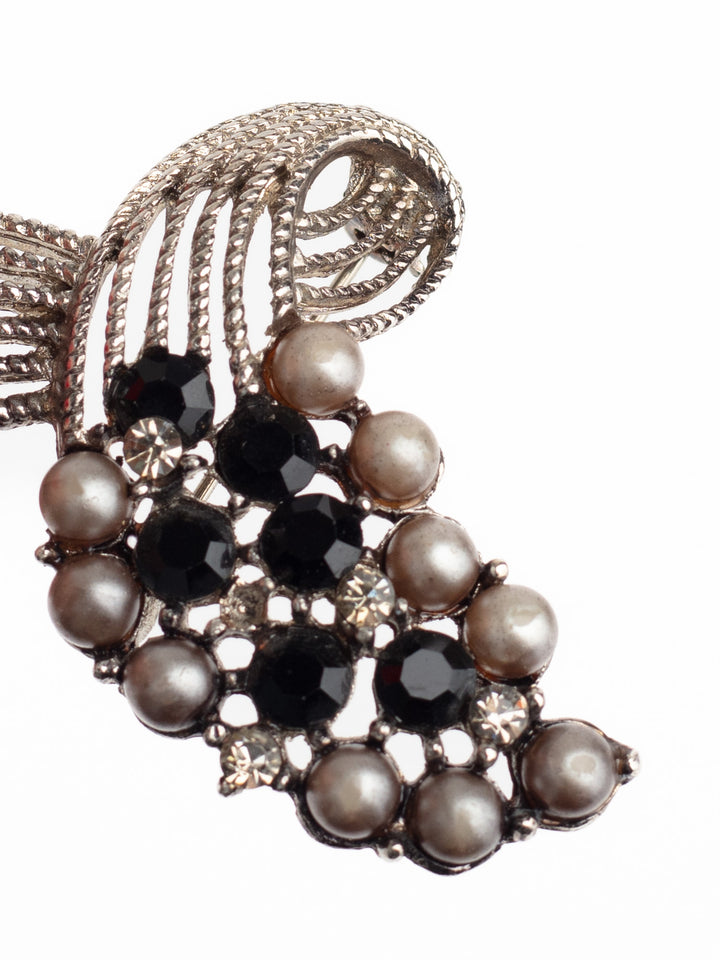 Vintage 50s Silver-Tone Bow Brooch with Faux Pearls and Black Rhinestones