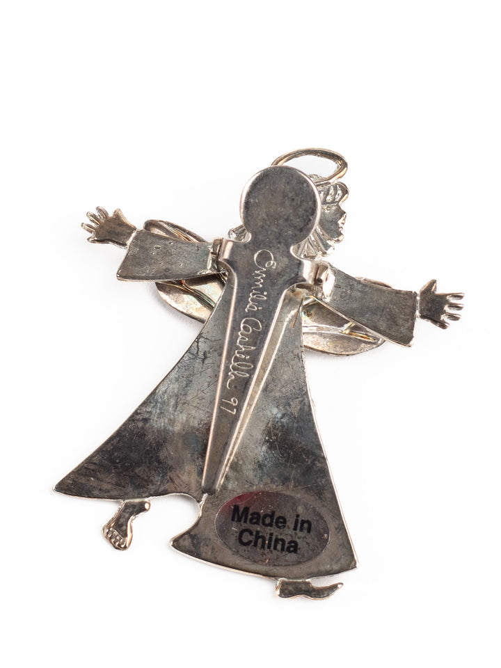 Vintage 1997 Angel Butterfly Brooch by Emilia Castillo, Silver Tone Whimsical Figural Pin, Made in China, Signed Artist Jewelry