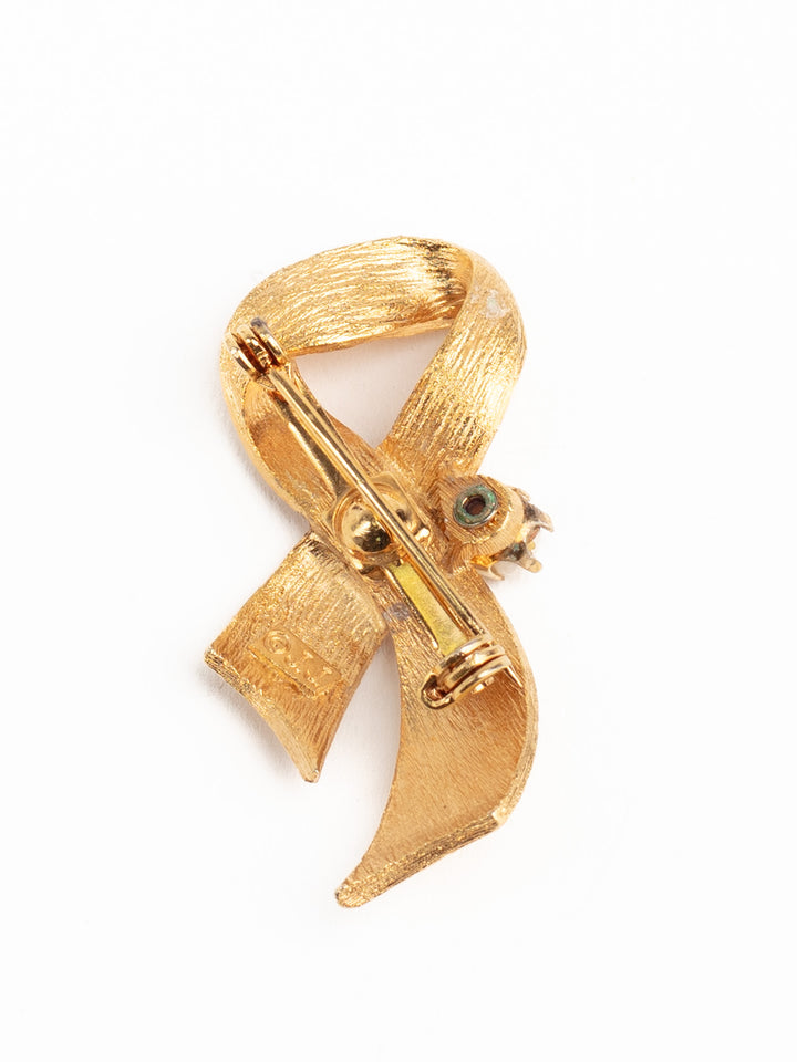 Vintage 60s Gold-Tone Ribbon Brooch with Faux Pearl – Midcentury Bow Pin