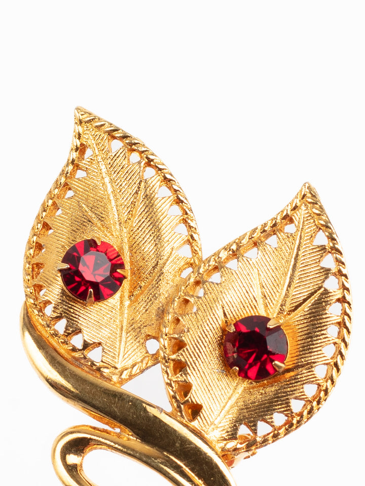 Vintage 80s Celebrity Gold-Tone Leaf Brooch with Red Rhinestones