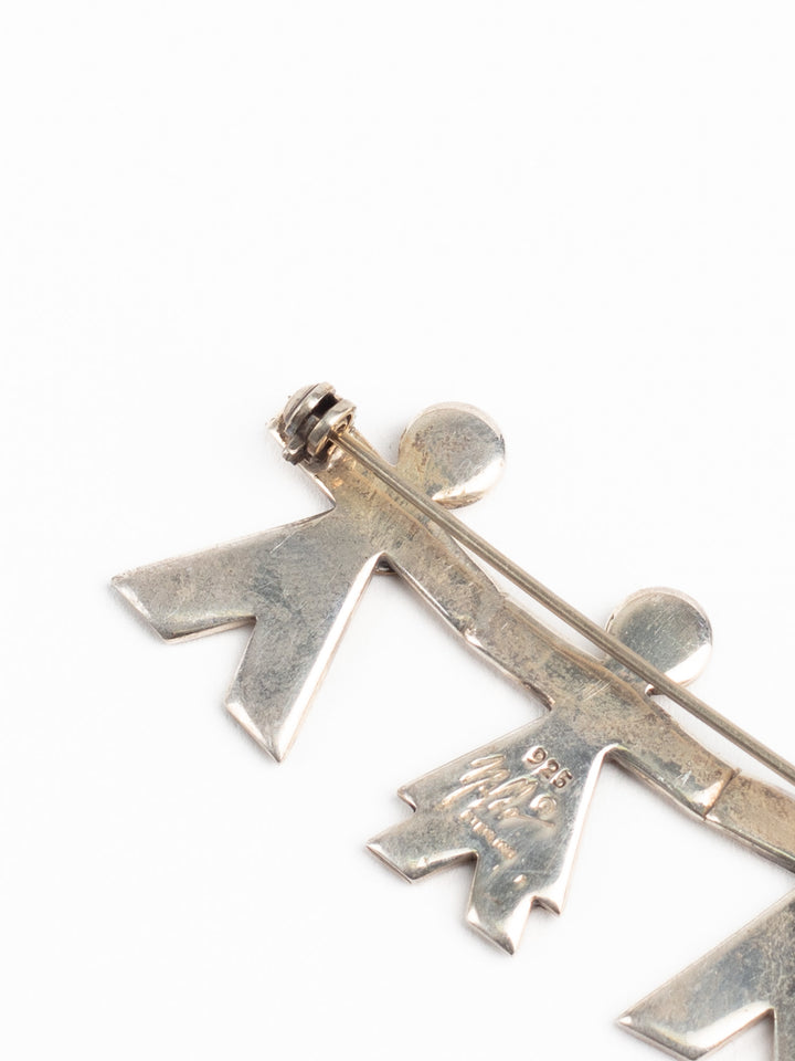 Vintage 90s Sterling Silver Family Brooch with Brass Accents – Mexico 925 Signed