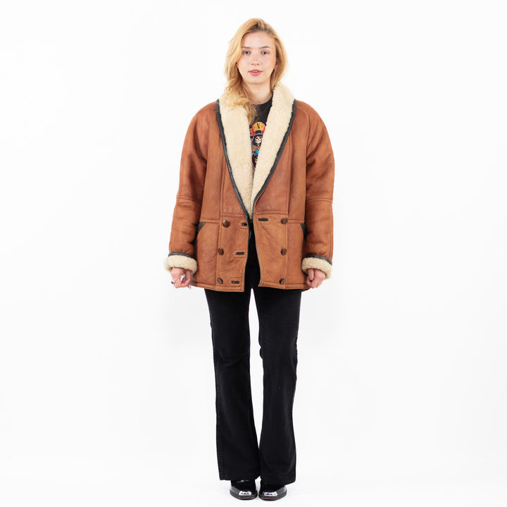 Vintage 80's Women Sheepskin Shearling Coat in BrownA0136