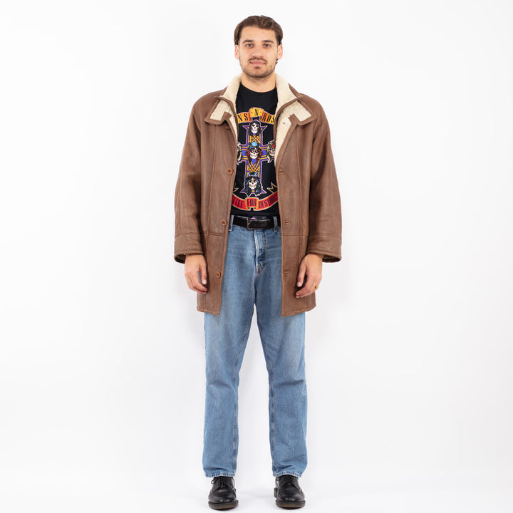 Vintage 90's Men Zip Up Shearling Leather Coat in Brown