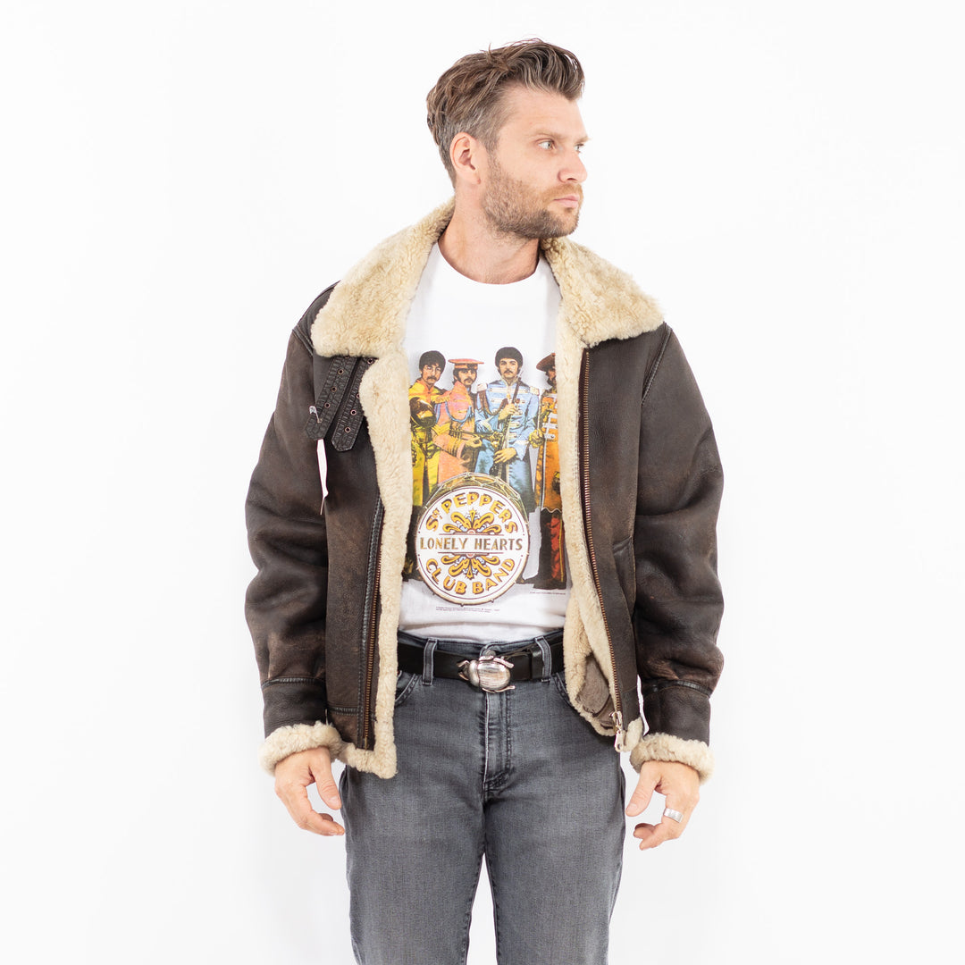 Vintage 80's Men B-3 Sheepskin Aviator Jacket in Brown Contract 920315