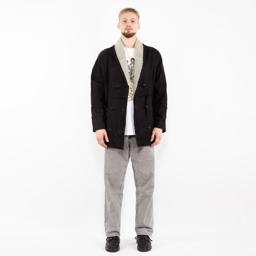 Vintage 90's Men Sheepskin Coat in Black