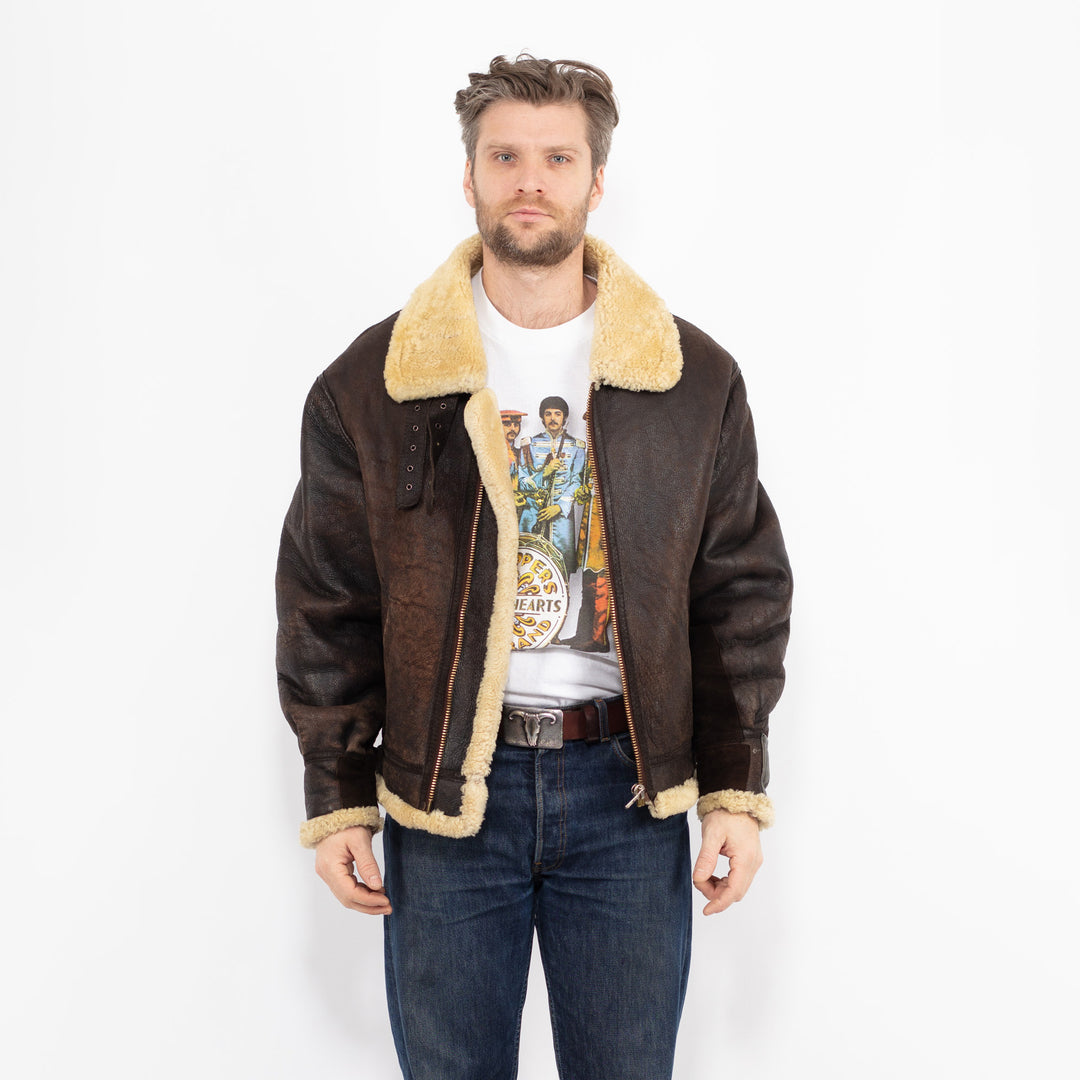 Vintage 80's Men B-3 Sheepskin Aviator Jacket in Brown Contract 822103