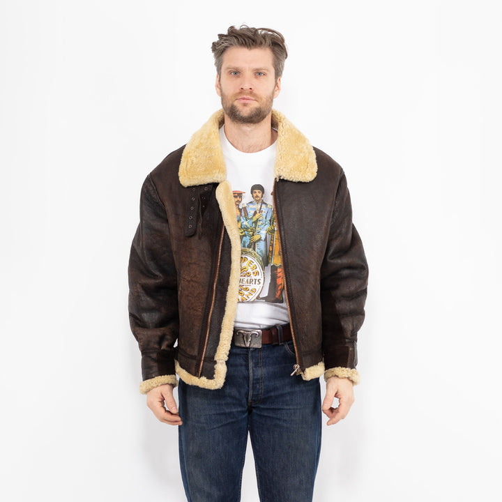 Vintage 80's Men B-3 Sheepskin Aviator Jacket in Brown Contract 822103