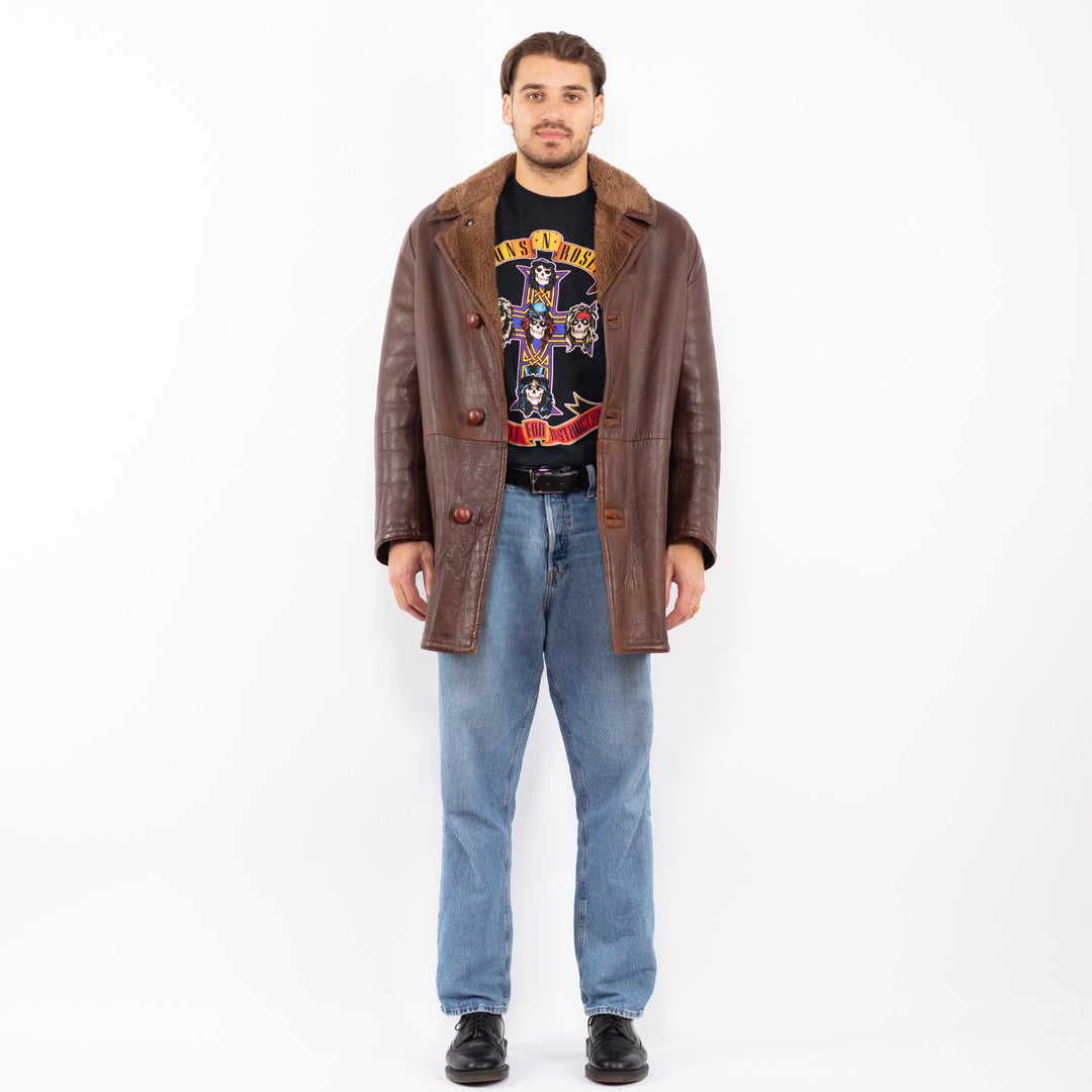 Vintage 70's Men Leather Sherpa Coat in Brown