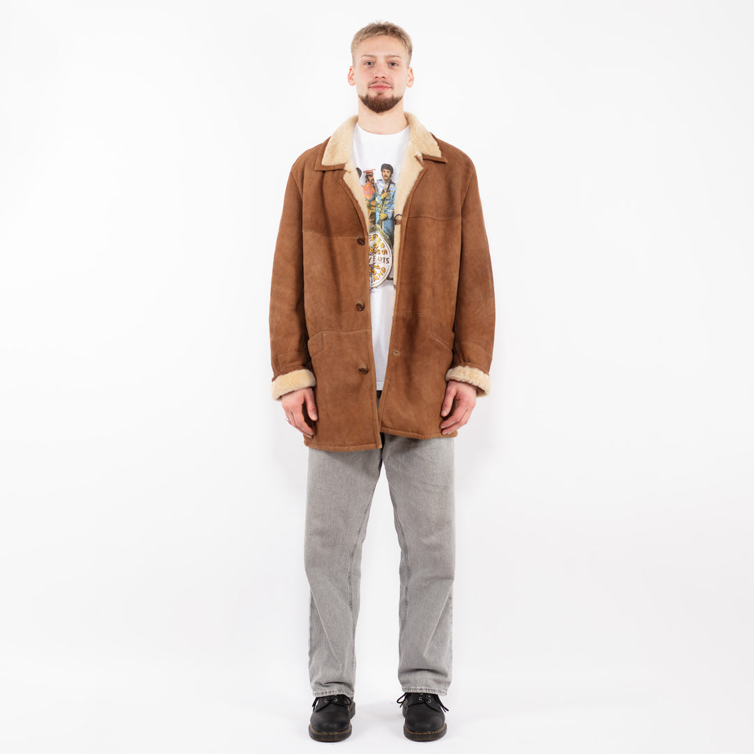 Vintage 90's Men Sheepskin Shearling Coat in Brown
