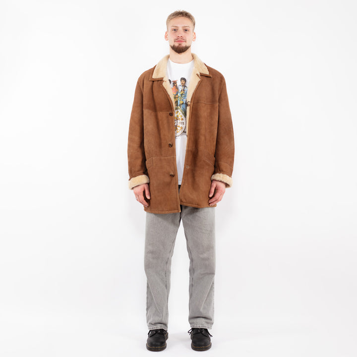 Vintage 90's Men Sheepskin Shearling Coat in Brown