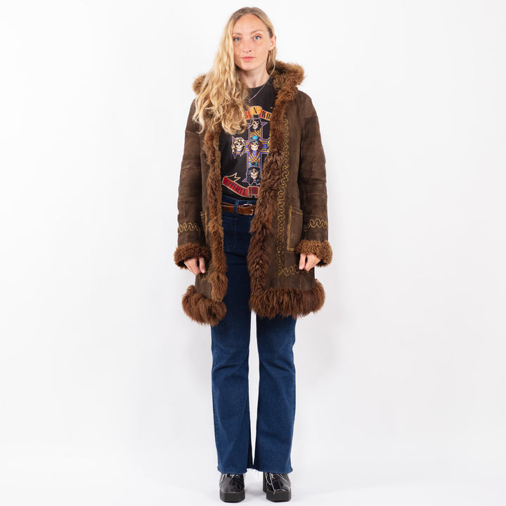 Vintage 70's Penny Lane Sheepskin Coat Genuine Shearling Hooded Brown Suede