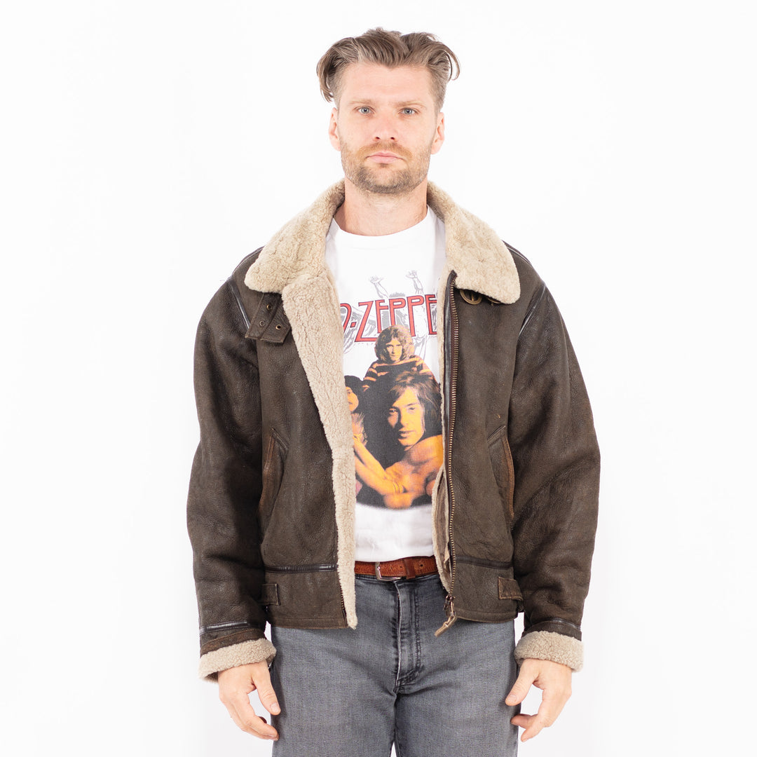 Vintage 90's Men B-3 Style Sheepskin Jacket in Brown