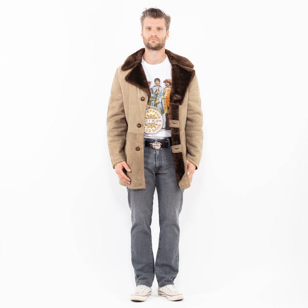 Vintage 70's Men Sheepskin Coat in Beige