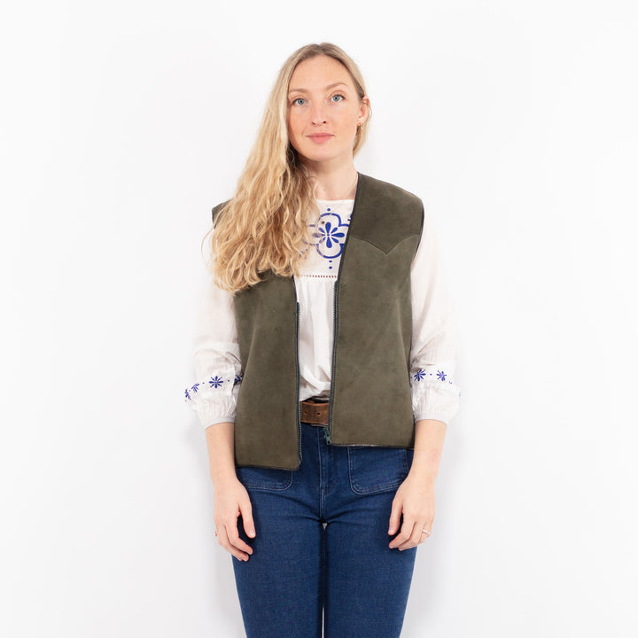 Vintage 70's Women Sheepskin Vest in GreenA0977