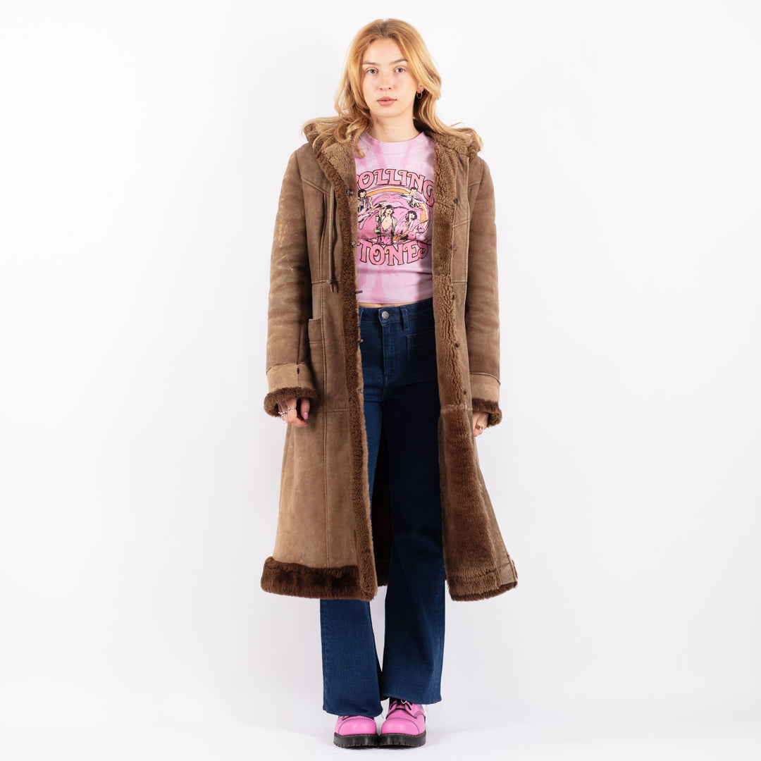 Vintage 70's Women Sheepskin Shearling Coat in Brown