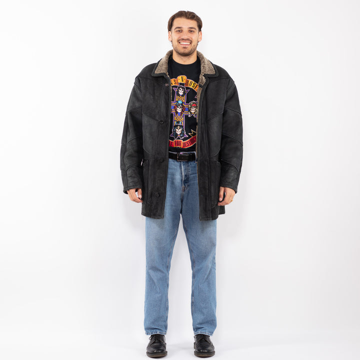 Vintage 90's Men Sheepskin Coat in Black