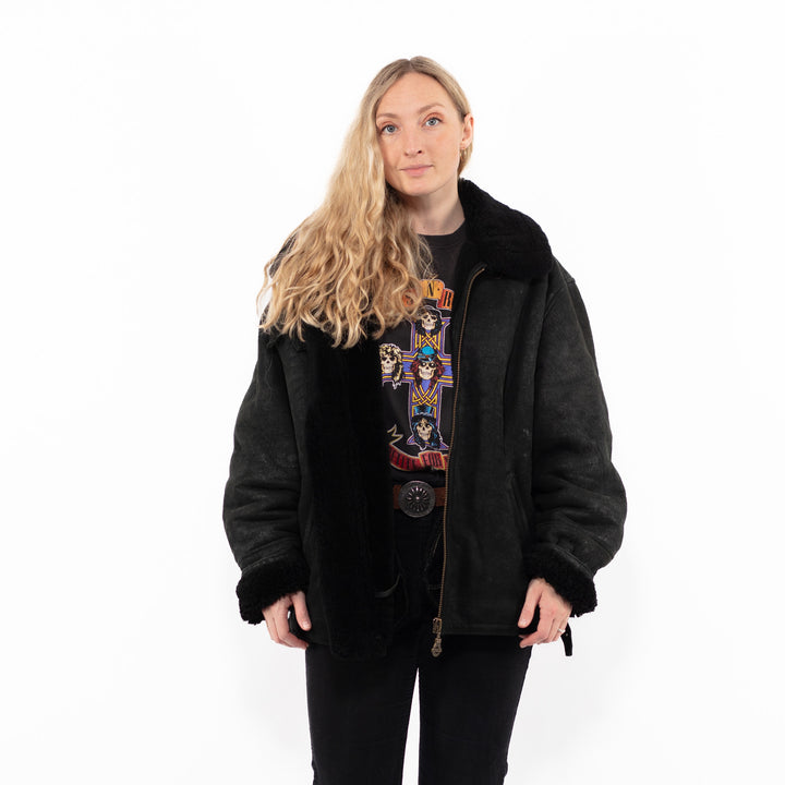 Vintage 90's Women B-3 Style Sheepskin Jacket in Black