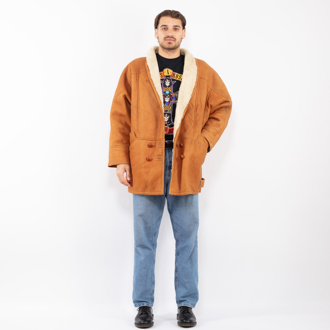 Vintage 80's Men Sheepskin Leather Coat in Caramel Brown