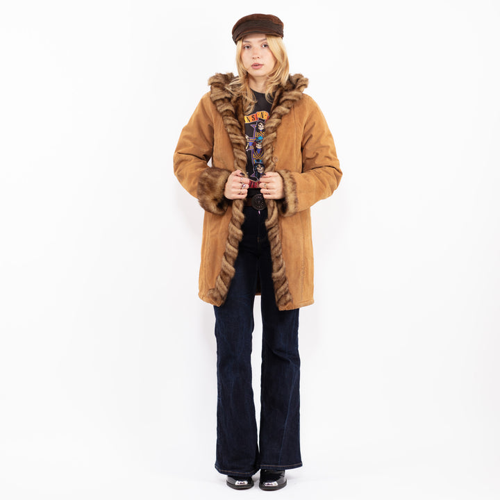 Vintage 90's DENNIS BASSO Suede Sherpa Hooded Coat in Brown