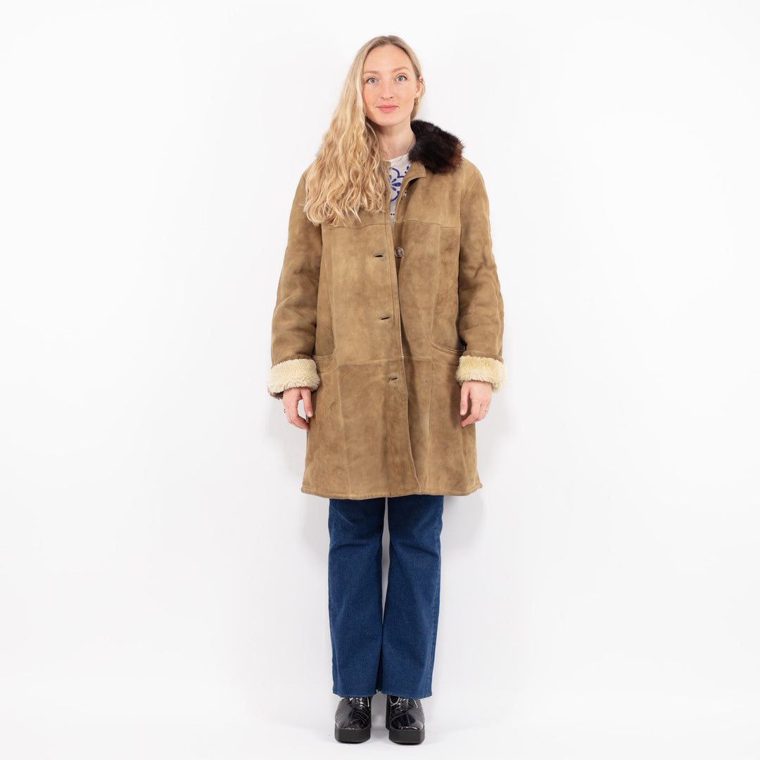Vintage 70's Women Sheepskin Shearling Coat in Beige