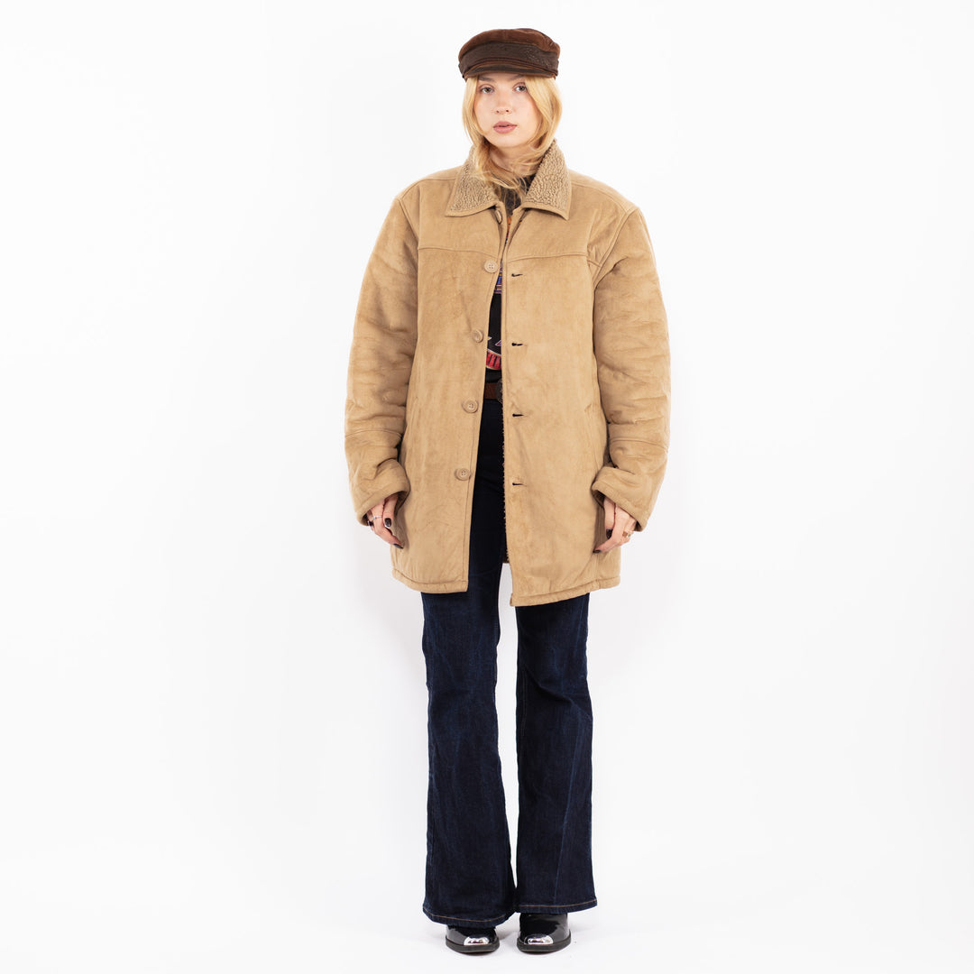 Vintage 90's Women Faux Sheepskin Coat in Beige