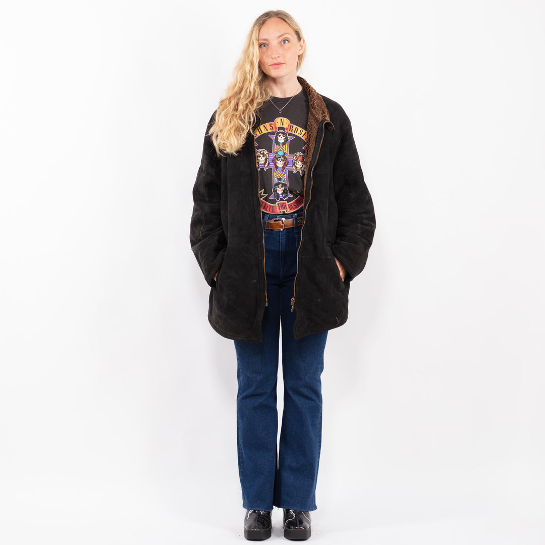 Vintage 80's Women Sheepskin Coat in Black