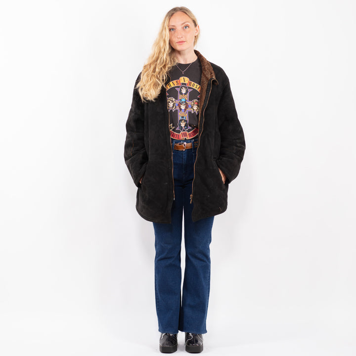 Vintage 80's Women Sheepskin Coat in Black