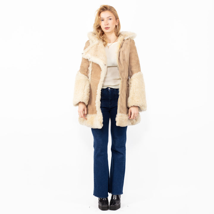 Vintage 70's Hooded Penny Lane Sheepskin Coat in Beige