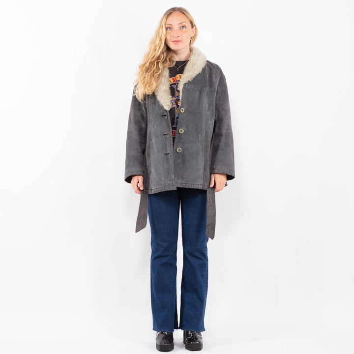 Vintage 70's Women Suede Sherpa Coat in GrayA0352