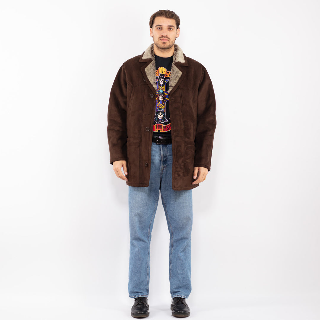 Vintage 90's Men Faux Sheepskin Coat in Brown