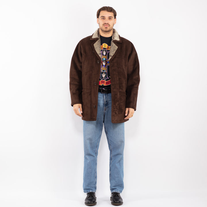 Vintage 90's Men Faux Sheepskin Coat in Brown