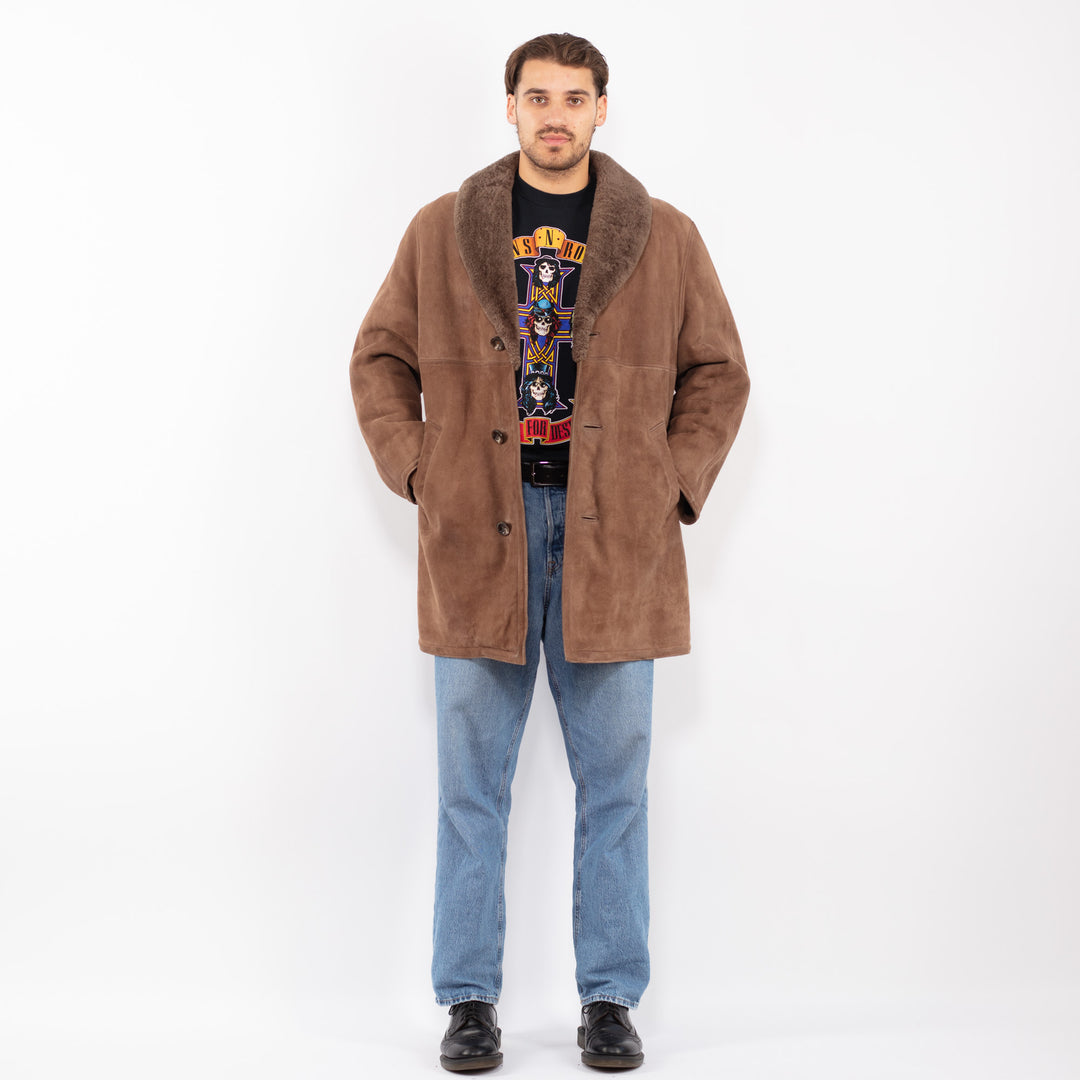 Vintage 70's Men Sheepskin Suede Coat in Brown