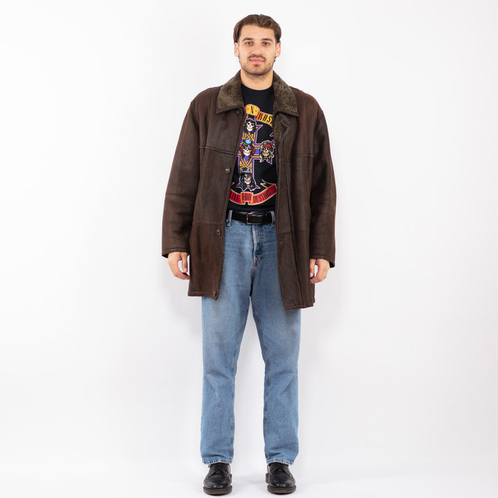Vintage 80's Men Sheepskin Leather Coat in Brown